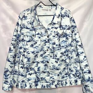 BELLE KIM GRAVEL WO SIZE 3X  WHITE WITH BLUE TROPICAL DESIGN DENIM JACKET EUC